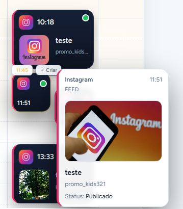 Tela de calendário com cards de postagem